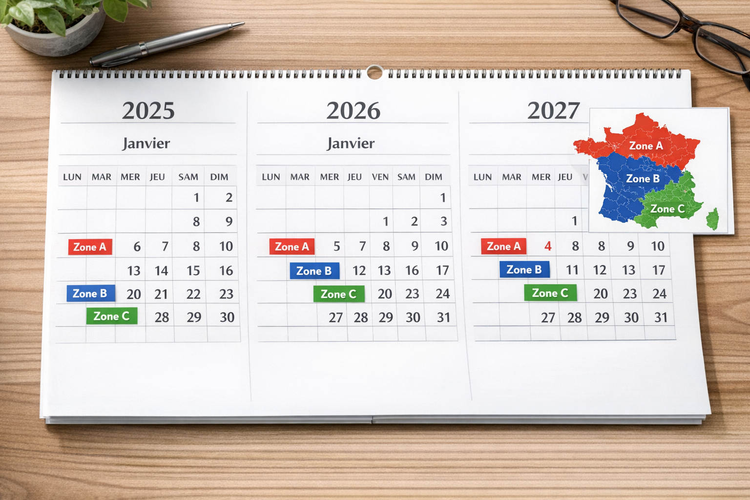 Calendrier vacances scolaires 2025-2027 : dates par zone A, B, C