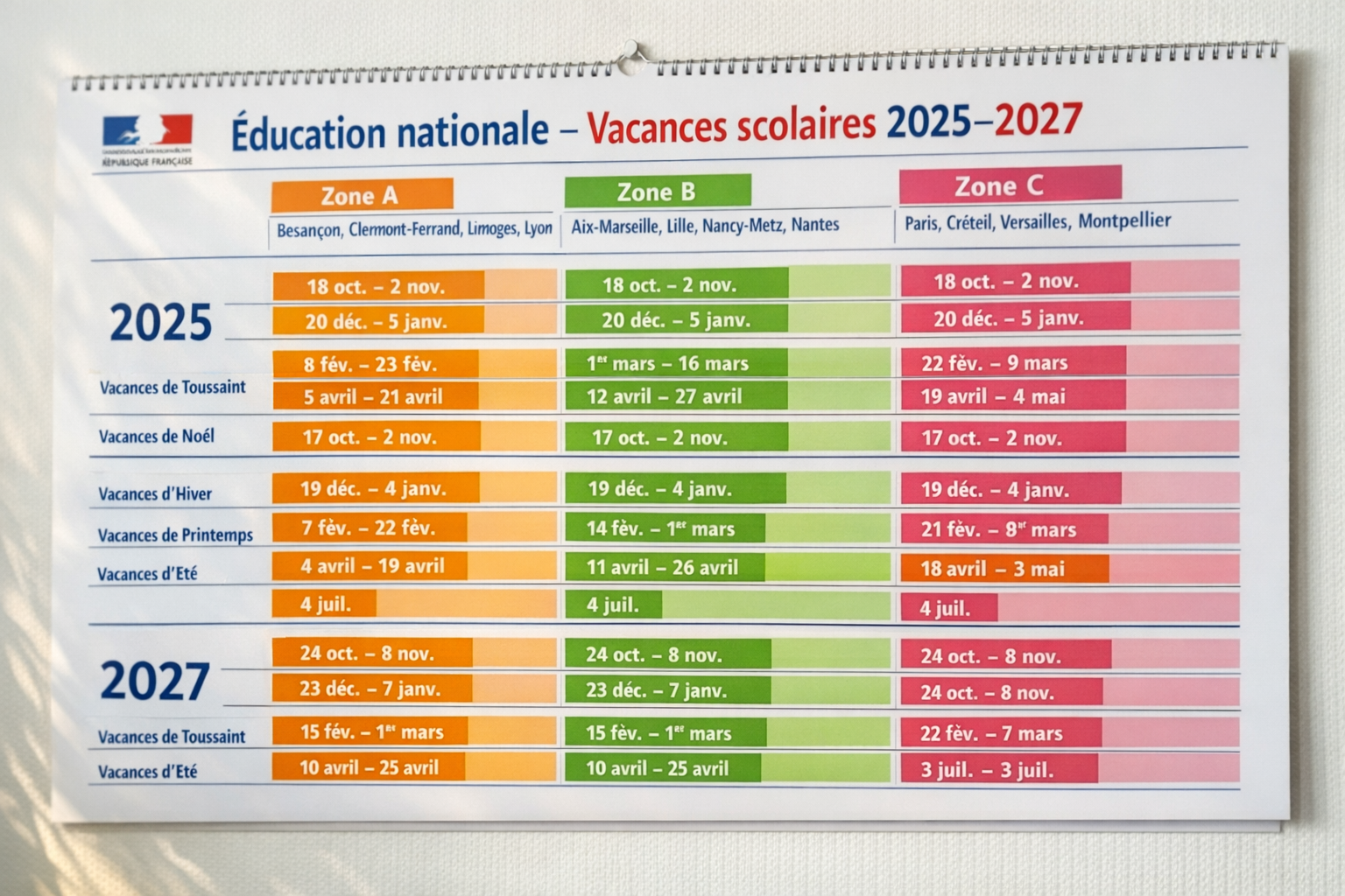 Éducation nationale vacances scolaires : calendrier officiel 2025-2027