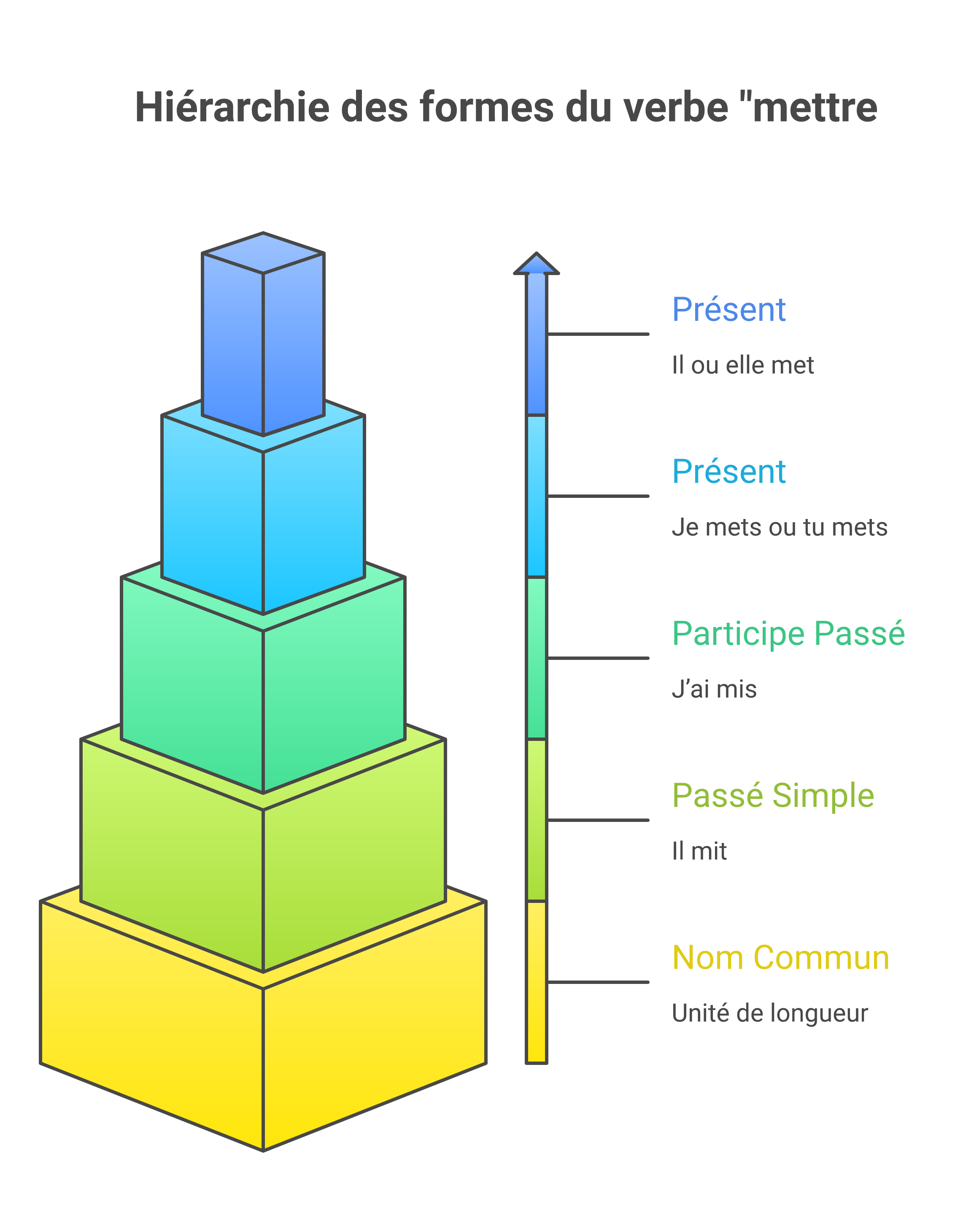 Comparatif visuel des formes met, mets, mis, mit et mètre